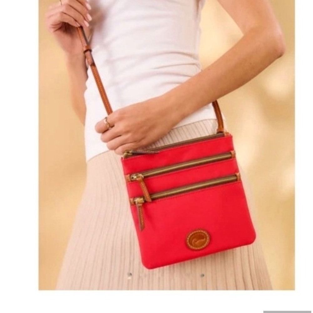 Dooney & Bourke Nylon Triple Zip Crossbody Bag Pink Leather Trim Adjustable